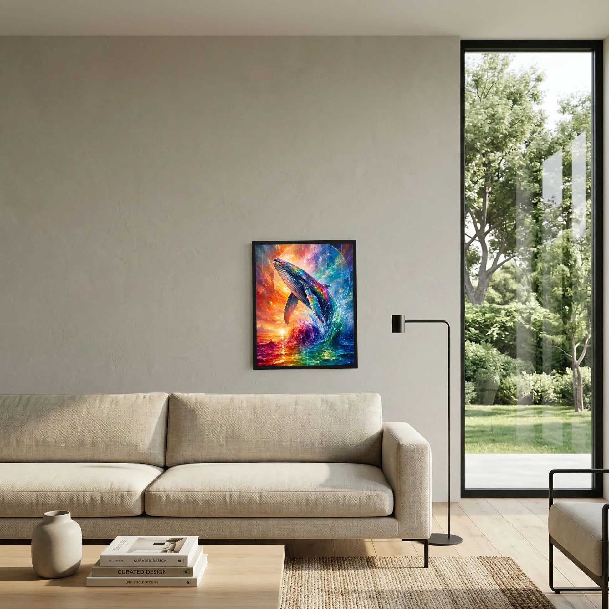 Poster im Hochformat mit Walmotiv im Regenbogenmeer, farbige Abstraktion im Rahmen
