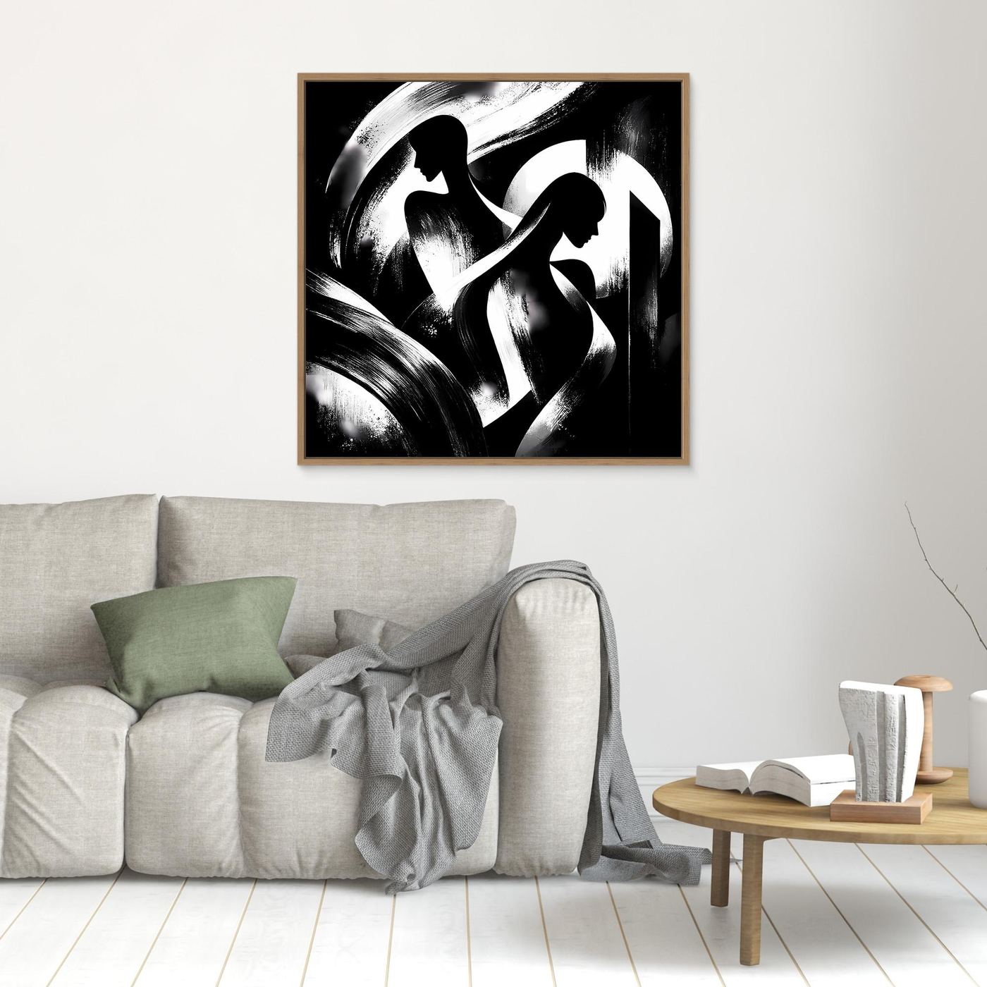 Quadratisches Wandbild mit abstrakten Schwarz-weiß-Silhouetten, brauner Holzrahmen.