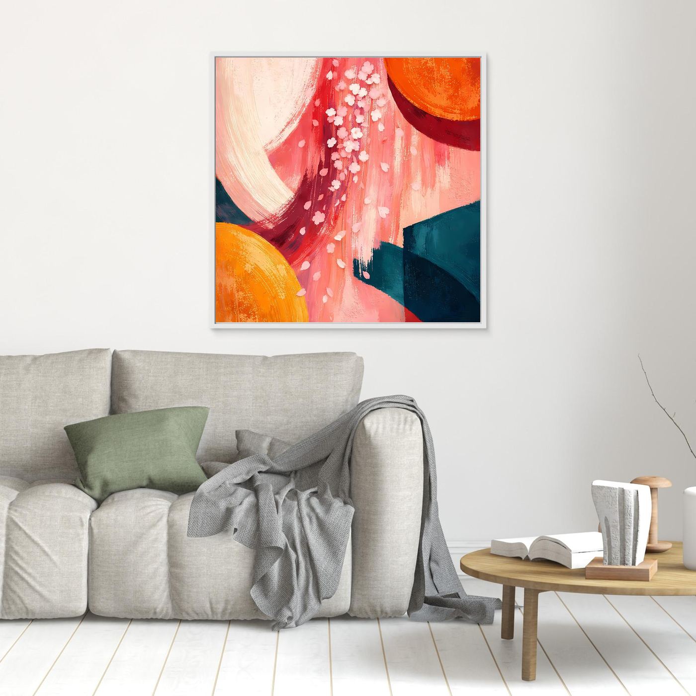 Leinwandbild abstrakte Kirschblüten in Rot, weiße Blüten; Orange und Blaugrün, hell gerahmt