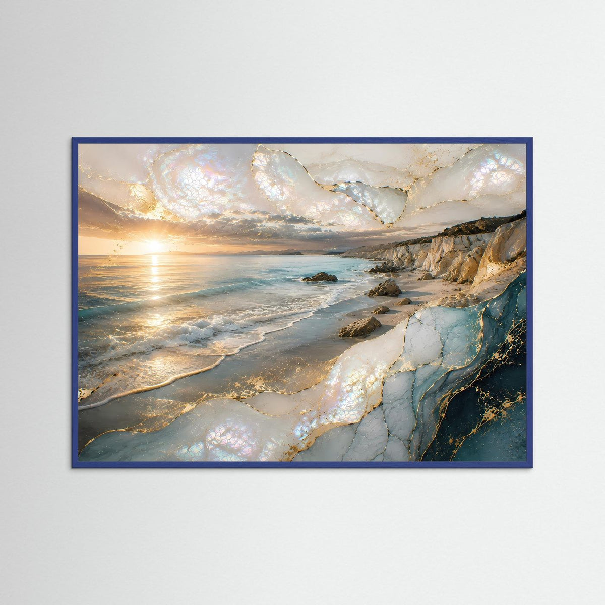 Poster Querformat: Küstenlandschaft mit Perlmutt-Glanz und Goldakzenten, Meer und Klippen, blauer Rahmen