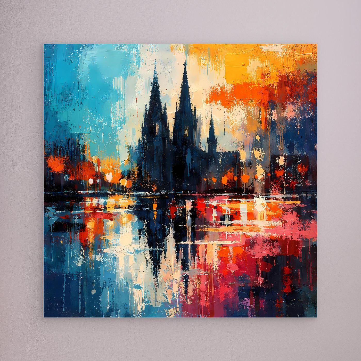 Wandbild ohne Rahmen: abstrakte Köln-Dom-Silhouette mit Spiegelung, blau-orange-rot.