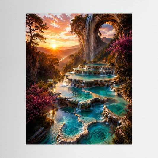 Hochformatiges Kunstposter mit türkisfarbenem Wasserfall und Felsentor bei Sonnenuntergang