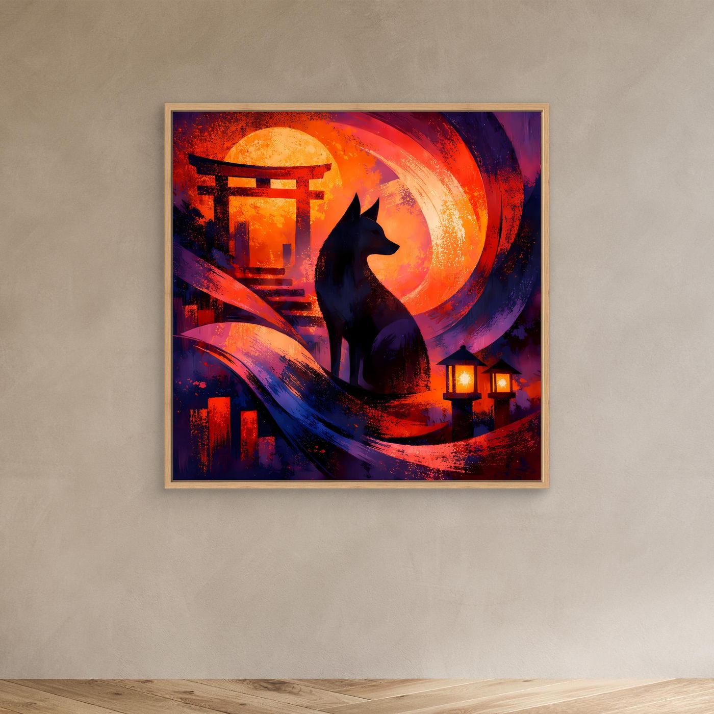 Abstraktes Leinwand-Wandbild mit Eichenrahmen: Kitsune vor Torii, Mondsichel, Laternen