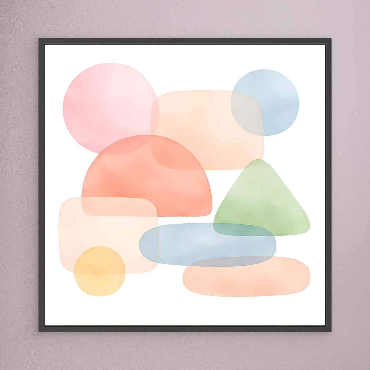 Leinwandbild mit abstrakten Pastellformen in Pink, Blau, Grün und Beige, dunkel gerahmt