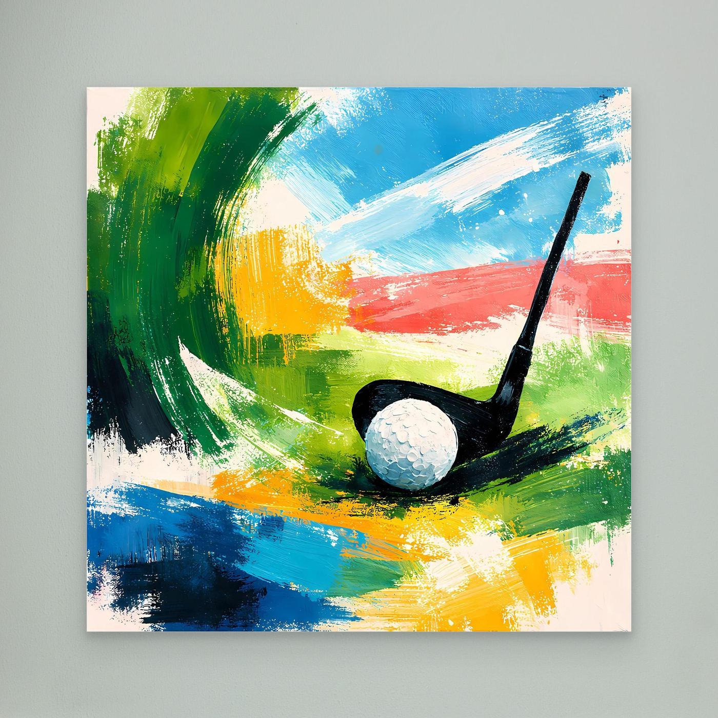 Abstraktes Leinwand-Wandbild mit Golfschläger und Ball, grün-blau-gelb-rot.