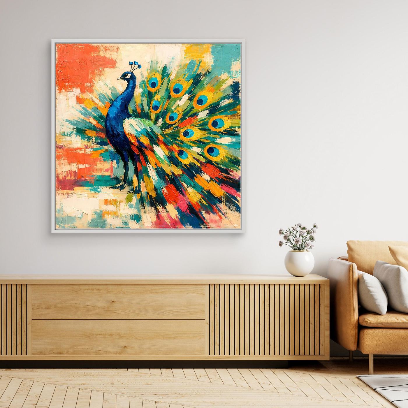Peacock abstract canvas wall art with light wood frame, colorful feather plume