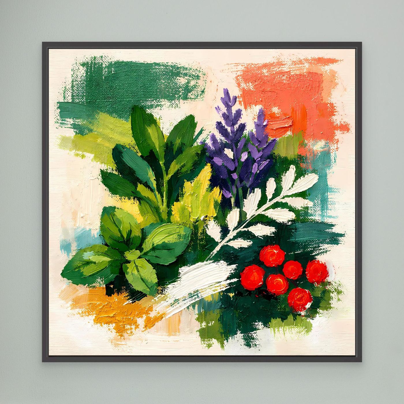 Abstract herb botanical canvas wall art with green, purple, and red foliage, black frame