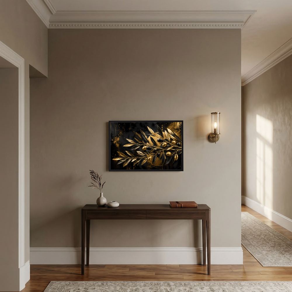 Wandbild: goldener Olivenzweig auf schwarzem Hintergrund, querformatig