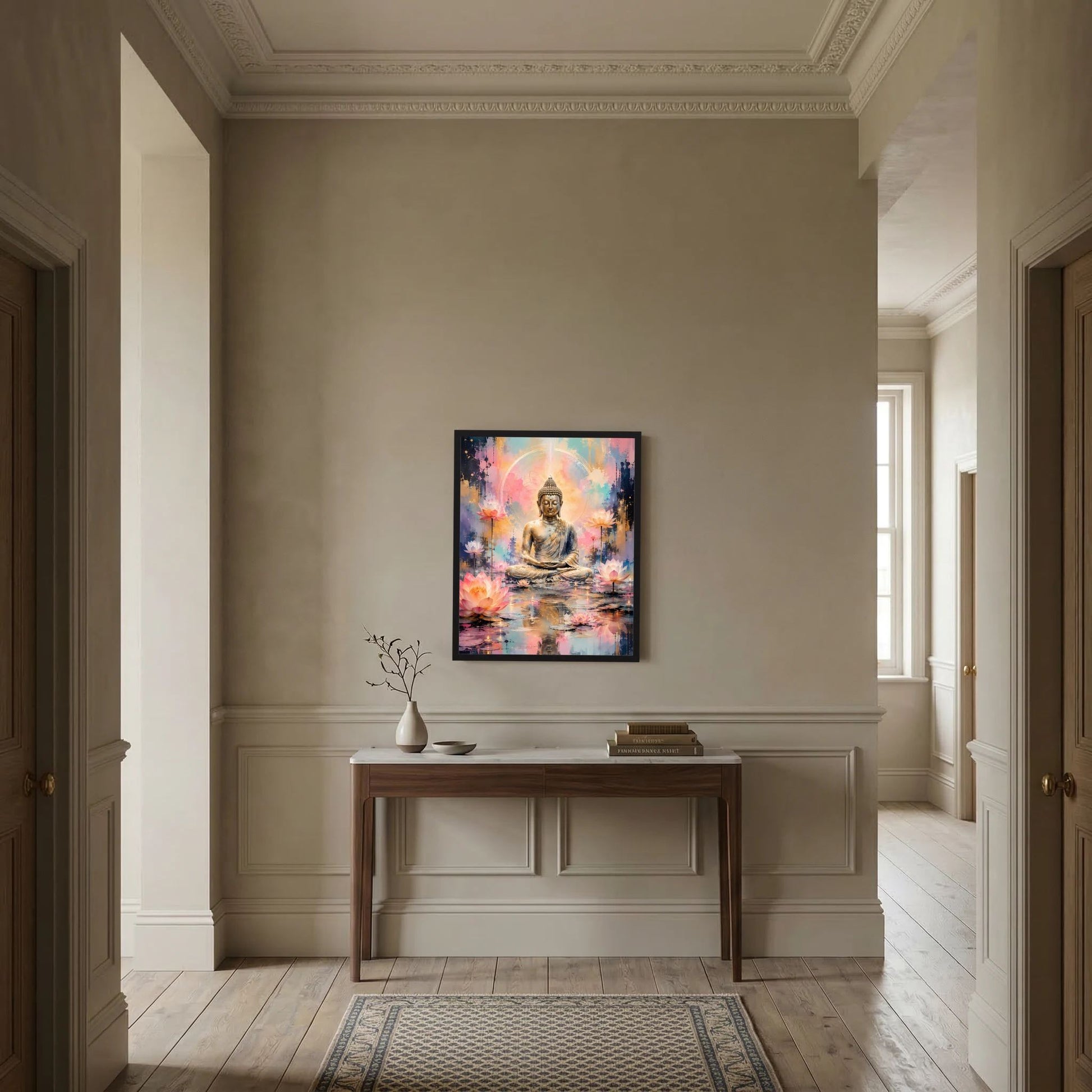 Gerahmtes Poster mit meditierendem Buddha und Lotusblüten, Pastellfarben, schwarzer Rahmen
