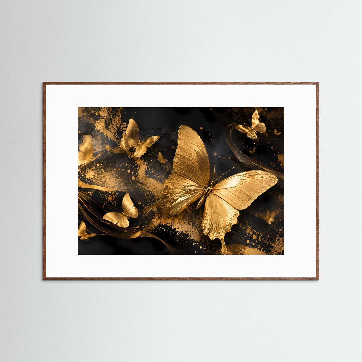 Schmetterlingsposter: goldene Schmetterlinge auf schwarzem abstraktem Hintergrund, dunkler Holzrahmen