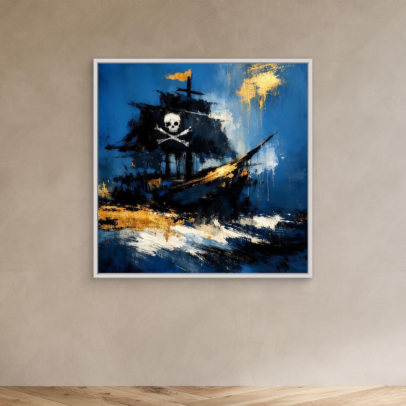 Abstraktes Leinwand-Wandbild mit Piratenschiff, Totenkopf und goldenen Akzenten im weißen Rahmen