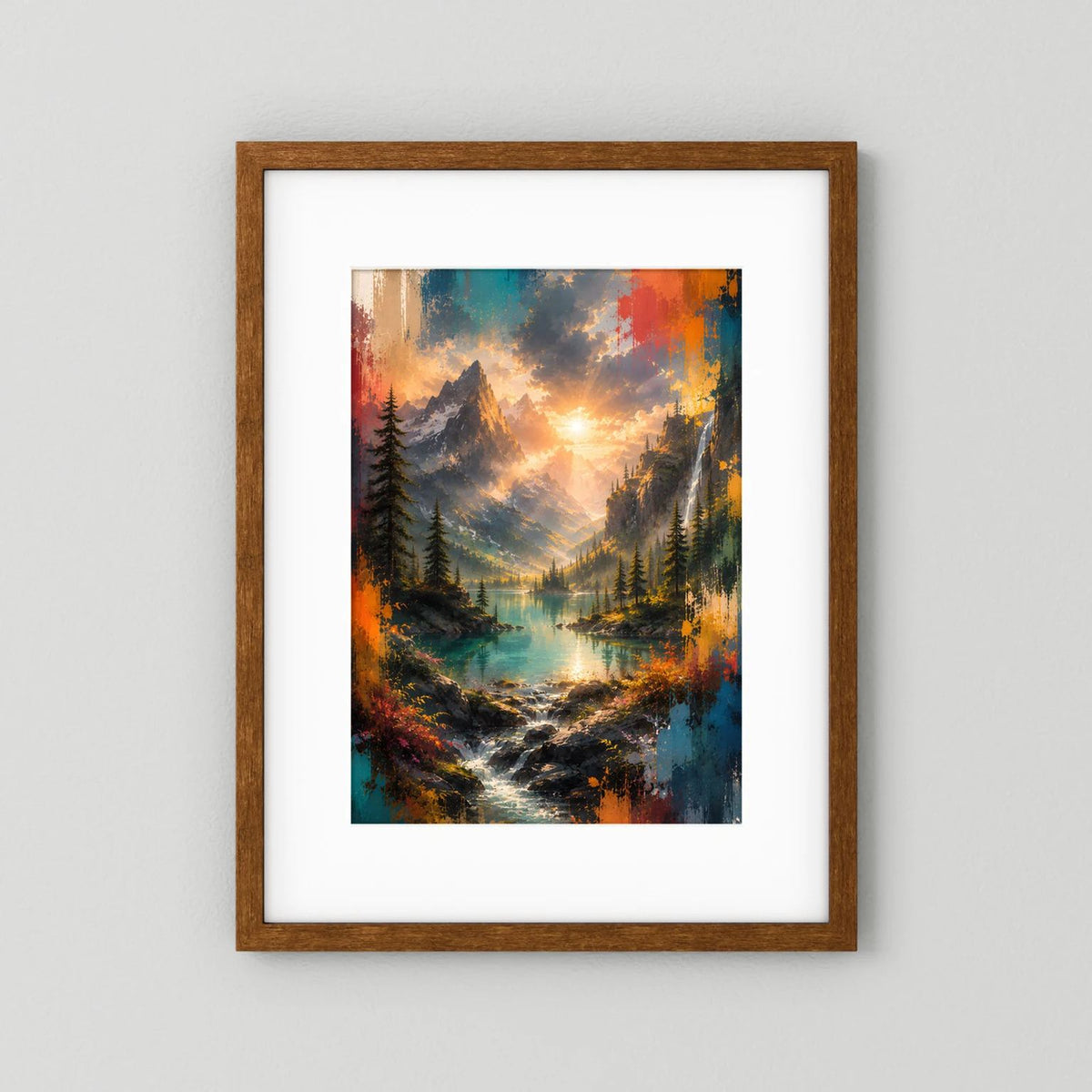 Hochformat-Wandbild mit braunem Holzrahmen und weißem Passepartout: Berglandschaft