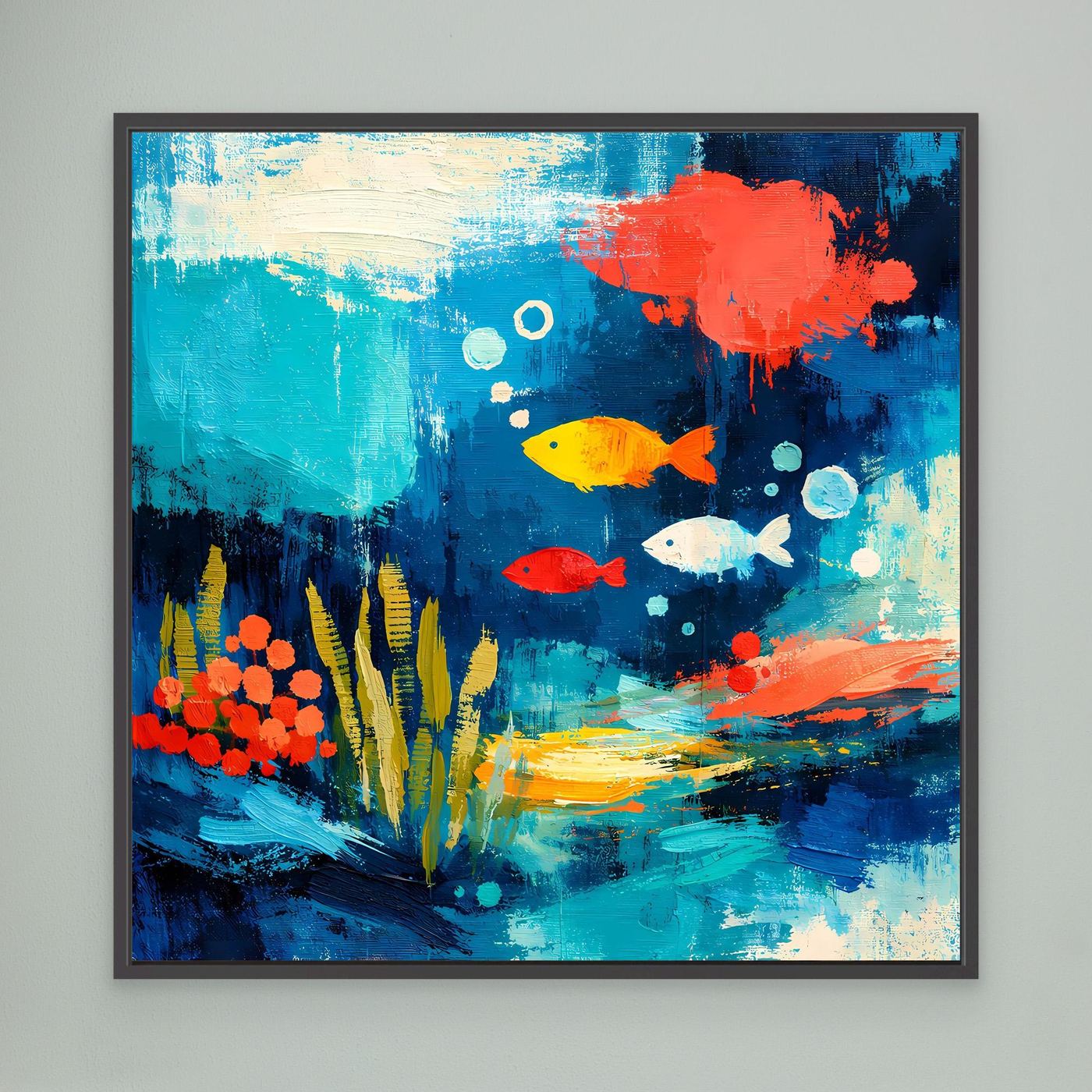 Framed abstract underwater wall art with fish and coral, dark gray/black frame