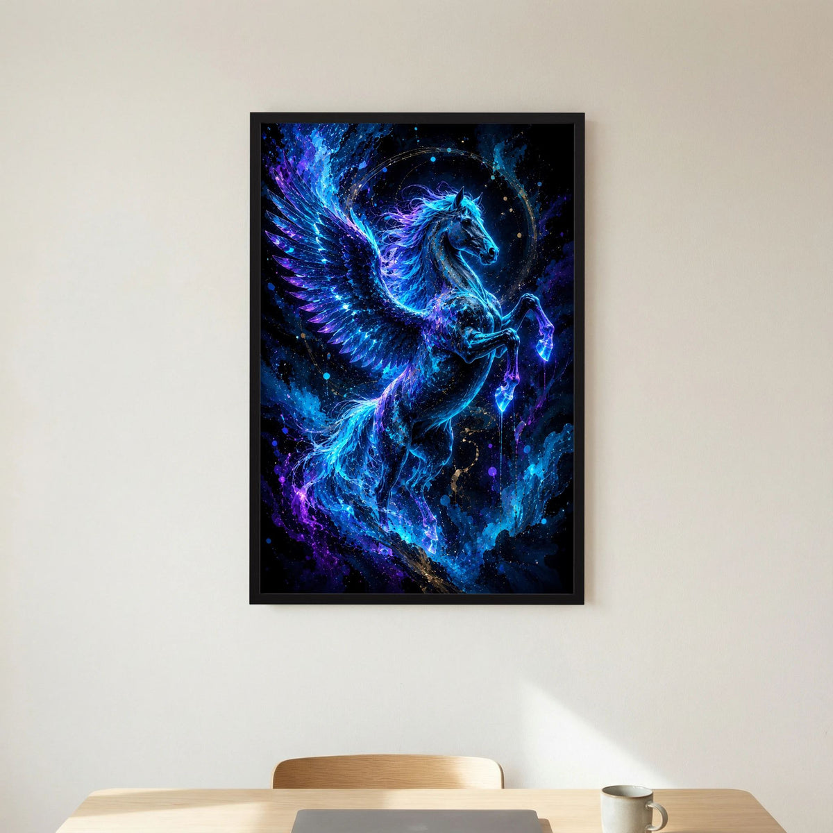 Hochformat-Poster mit leuchtendem Pegasus, blauer Funkeloptik, schwarzer Rahmen