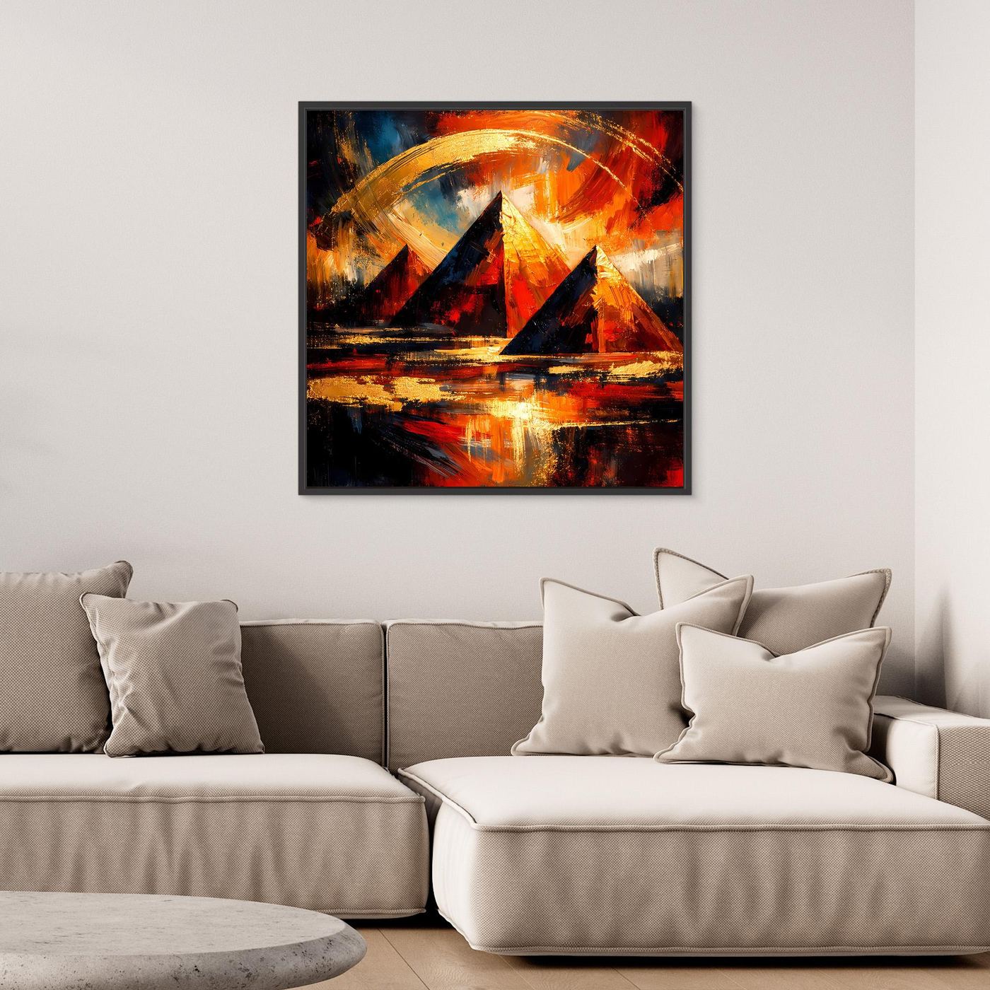 Leinwandbild mit abstrakten Pyramiden in Blau, Rot und Gold, gerahmt