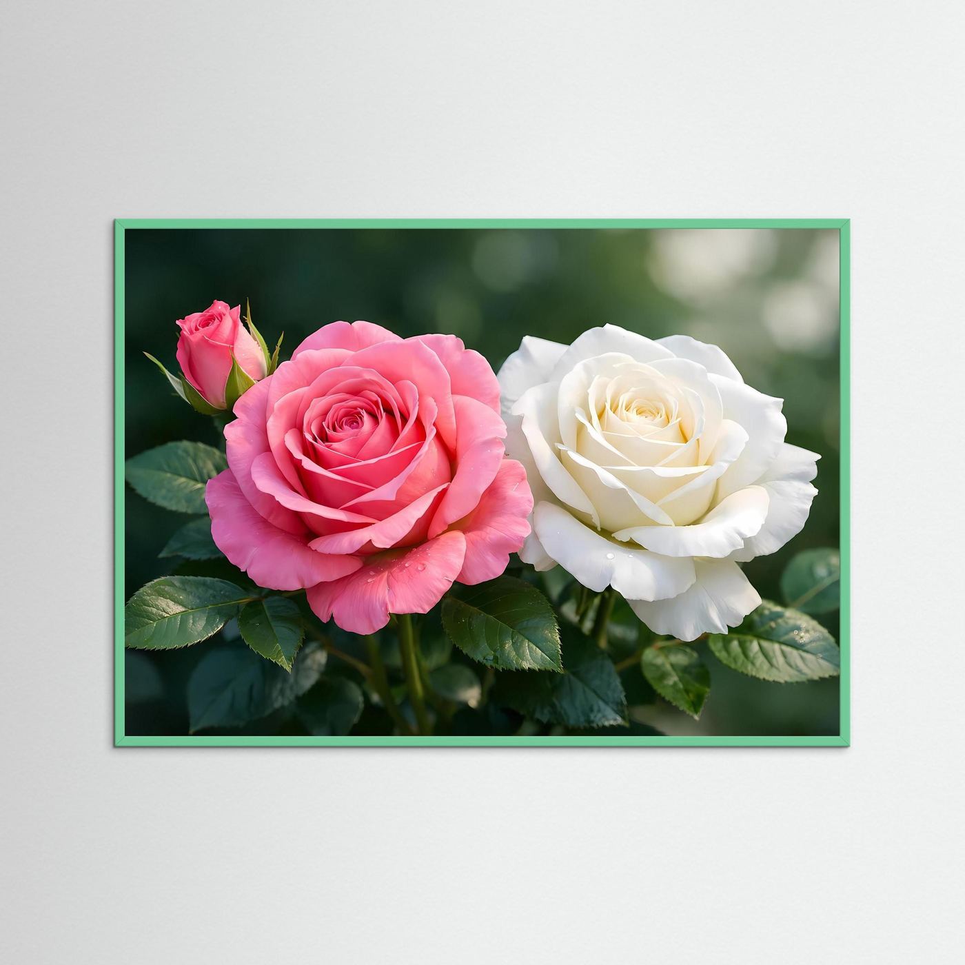 Blumenposter mit hellgrünem Rahmen, zwei Rosenblüten nebeneinander