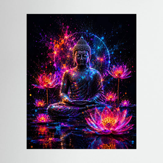 Poster Hochformat mit sitzendem Buddha in Neon-Pink/Blau und leuchtenden Lotusblüten