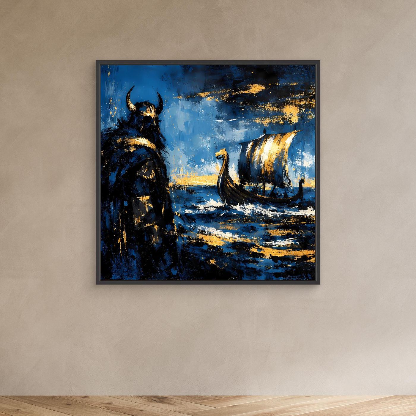 Leinwand Mythischer Wikinger und Langschiff | Abstraktes Nordisches Wandbild