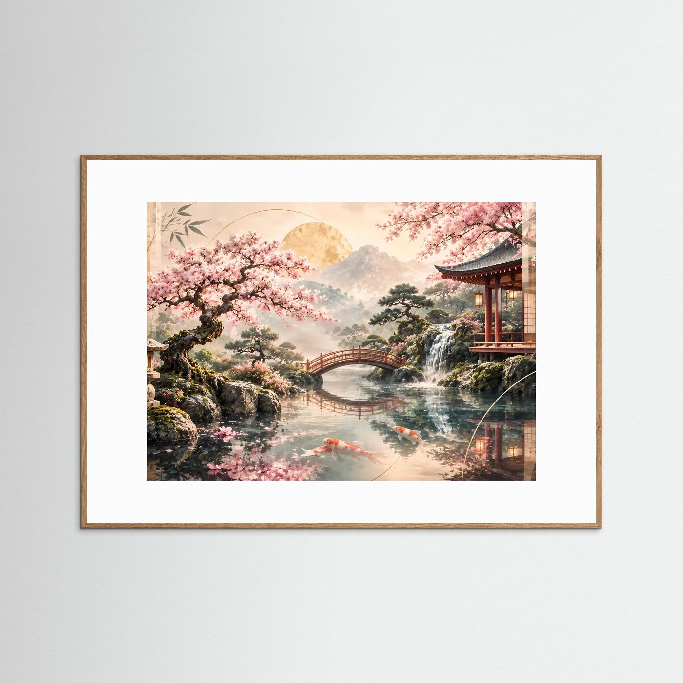 Japanisches Zen-Garten-Poster mit Kirschblüten, Tempel, Wasser und Koi, heller Eichenrahmen