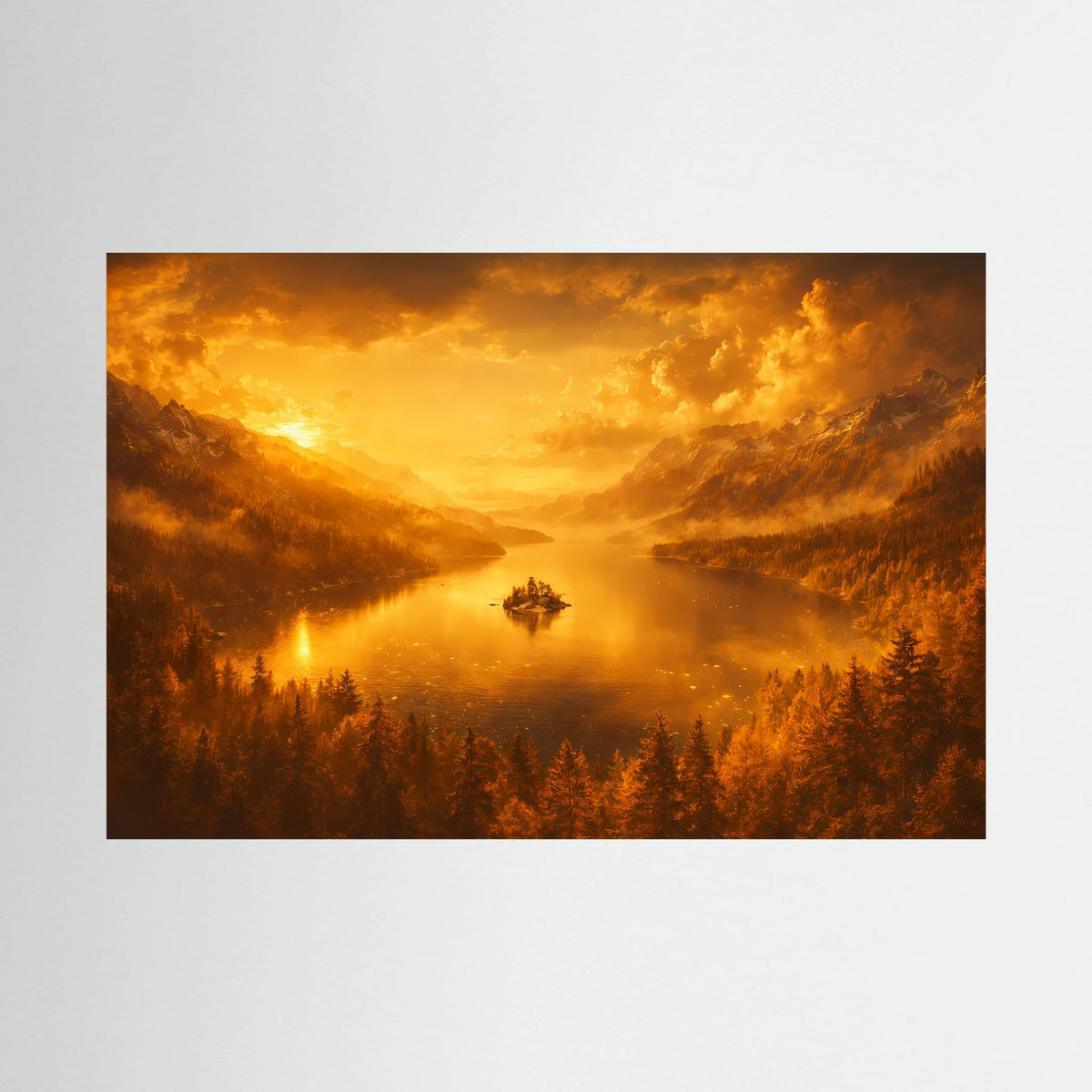 Rechteckiges Wandbild mit goldenem Bergsee und Sonnenuntergang, Alpenlandschaft