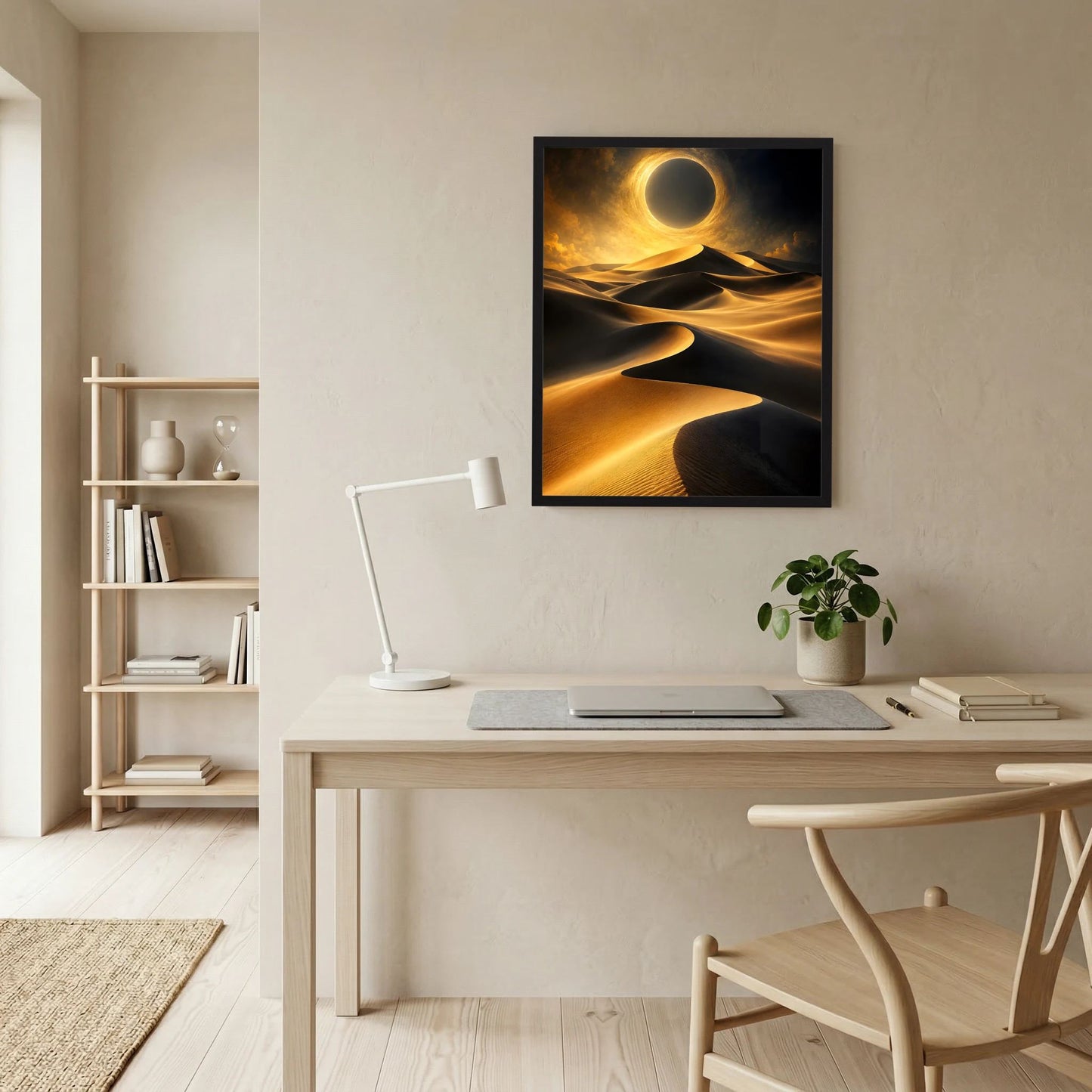 Gerahmtes Hochformat-Kunstposter: goldene Sonnenfinsternis über Wüstensand