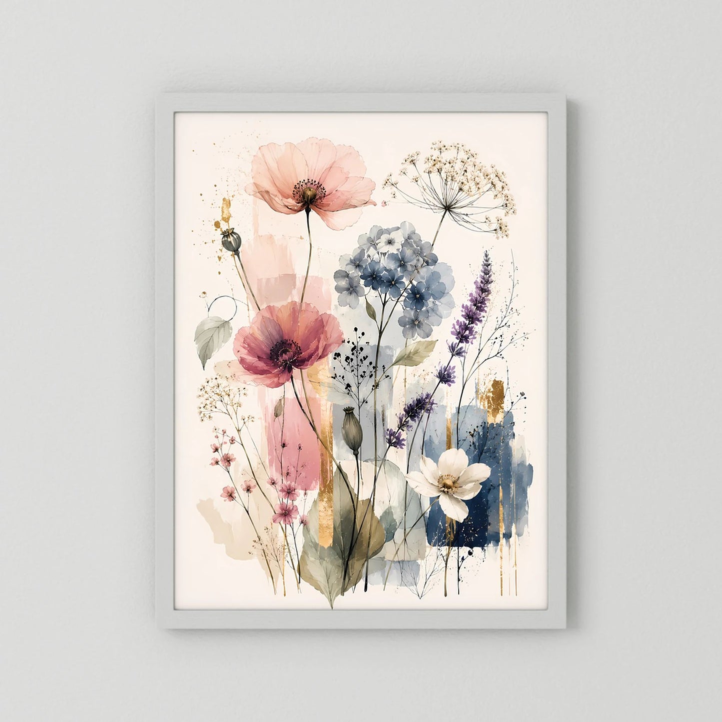 Kunstposter im Hochformat mit Wildblumen in Pastellrosa und Blau, weißer Rahmen