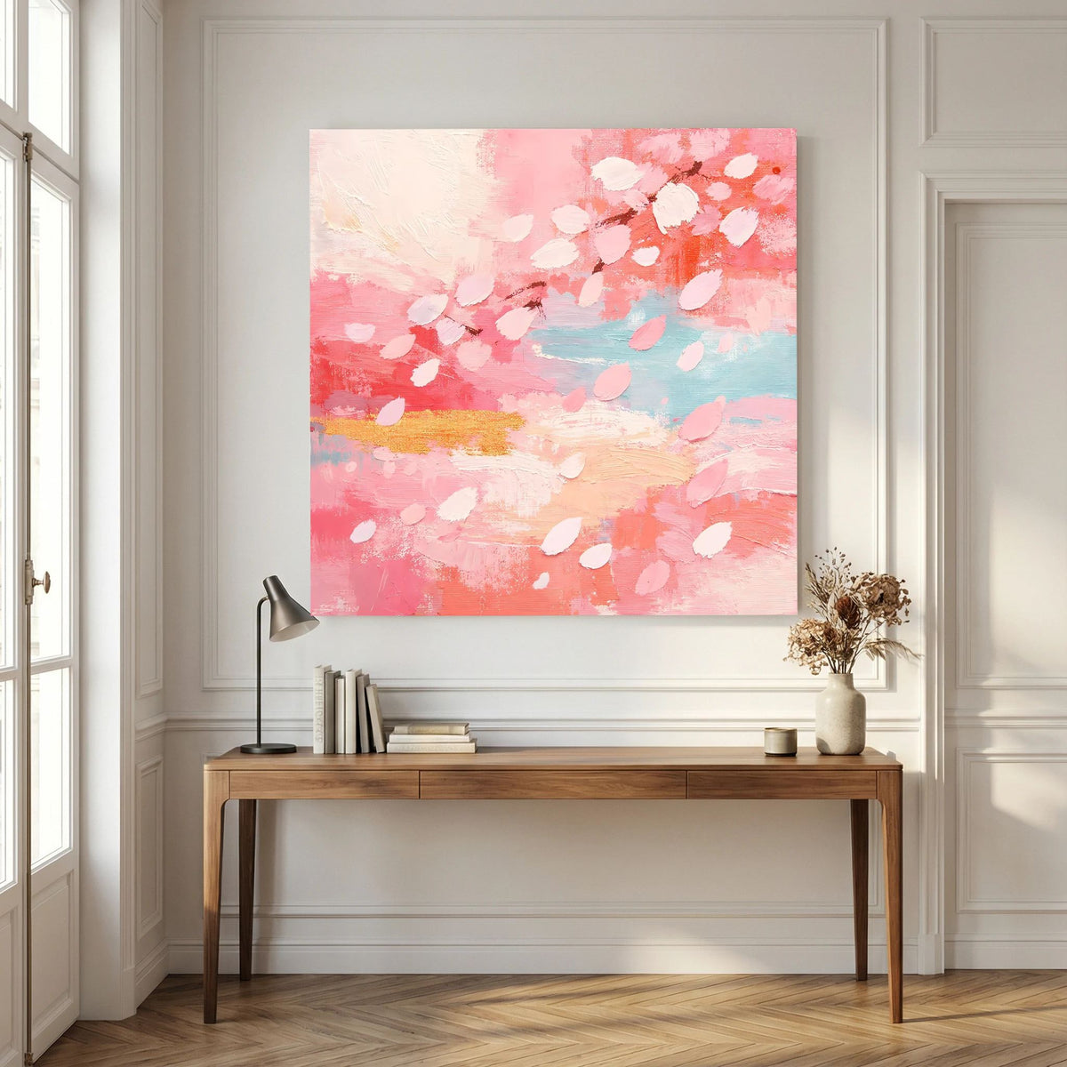 Quadratisches Leinwand-Wandbild mit abstrakten Kirschblüten in Pastellrosa und Hellblau