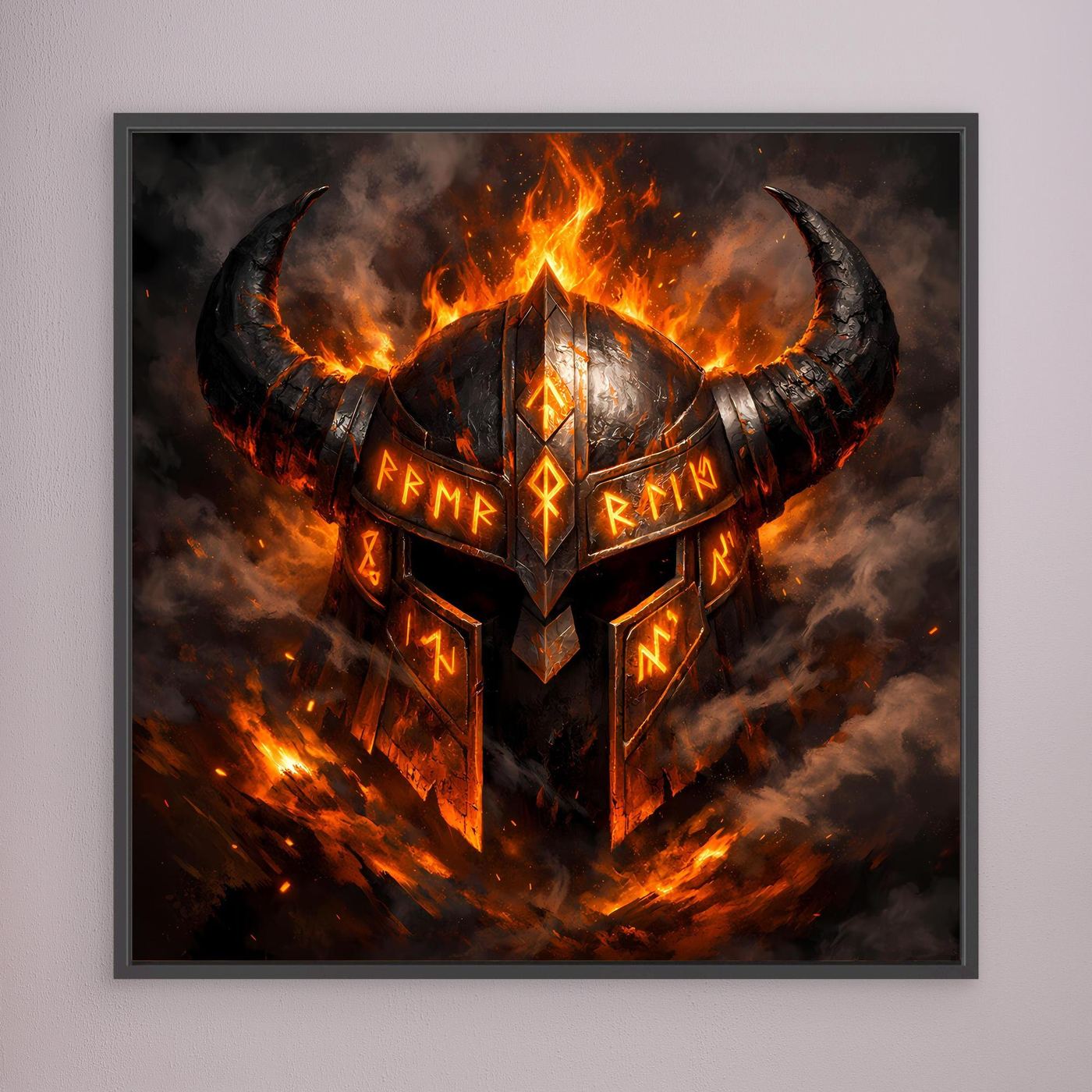 Leinwand-Wandbild mit flammendem Wikingerhelm und Runen, grau gerahmt