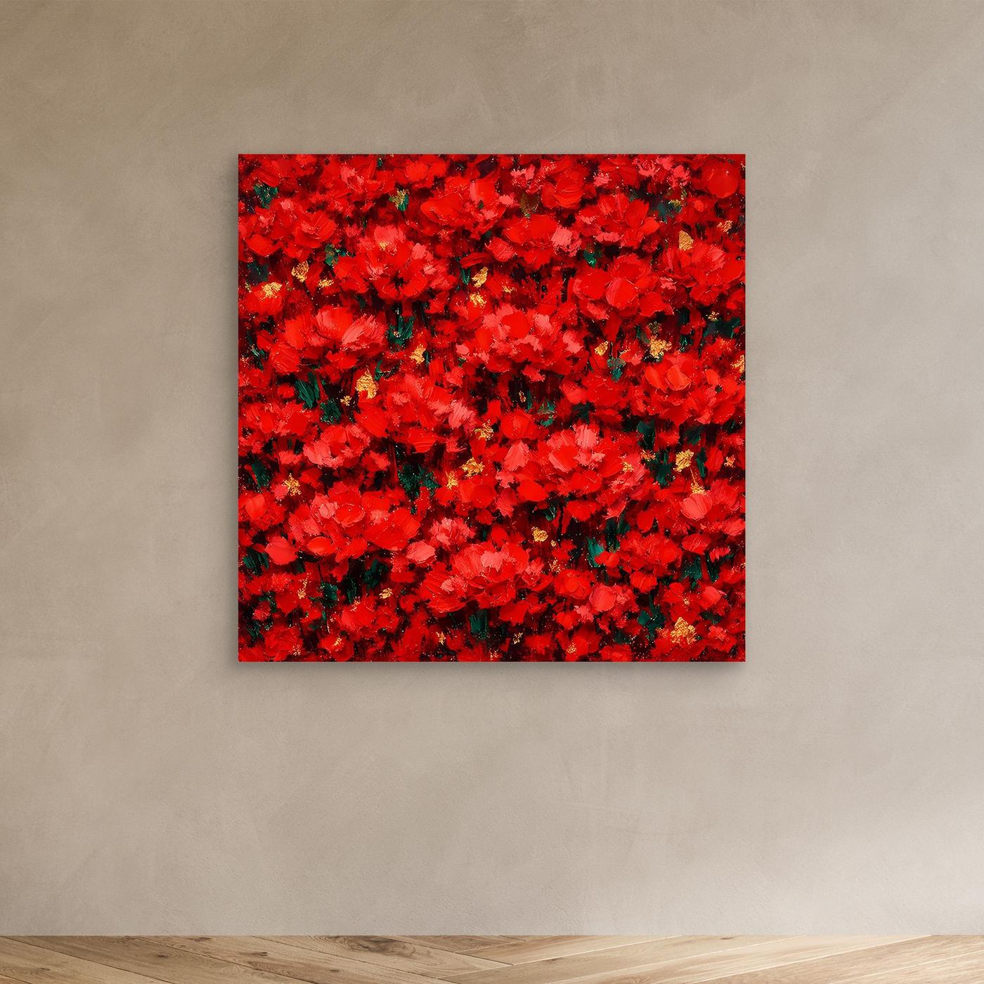 Rotes florales Acrylbild mit abstraktem Blütenmeer, Leinwand ohne Rahmen