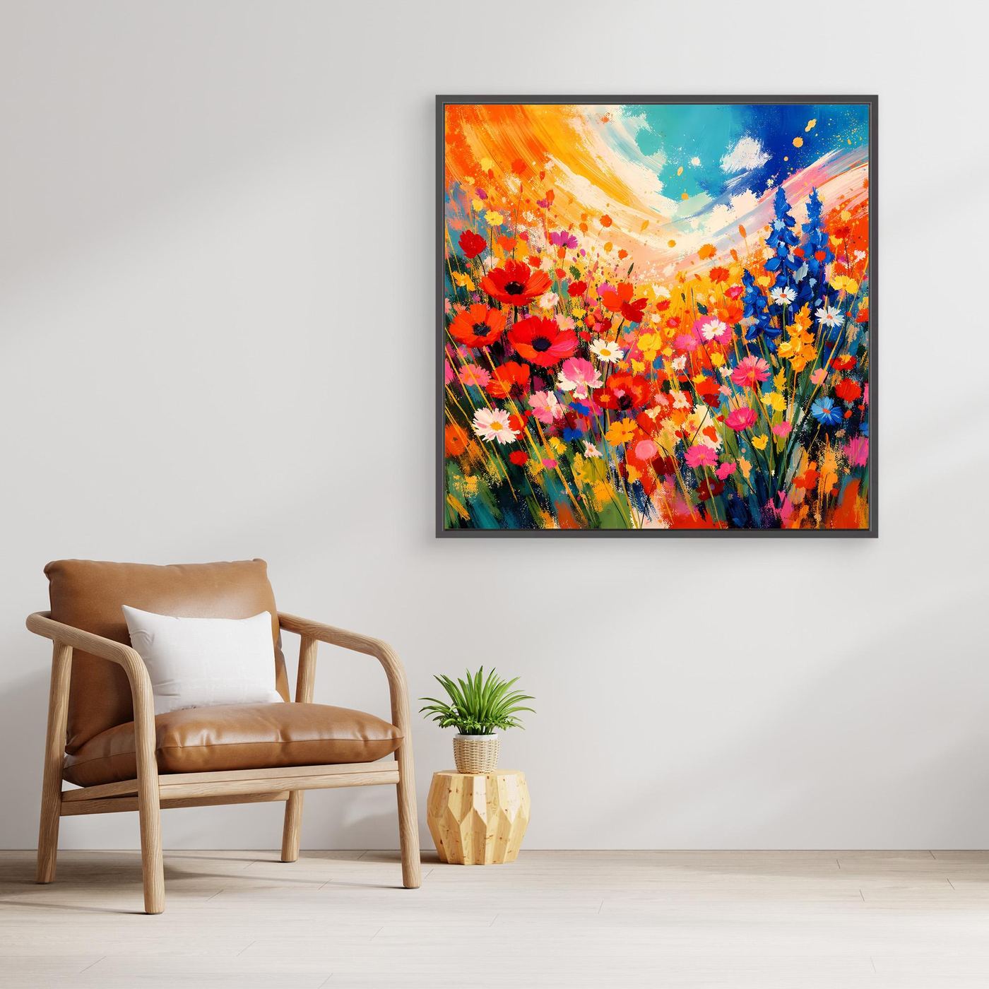 Leinwandbild bunte Blumenwiese mit abstrakten Blumen, dunkelgrauer Rahmen