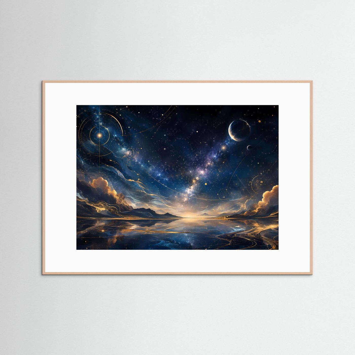 Wandkunst mit kosmischer Landschaft, Sternen und Planeten in Blau und Gold, Querformat im hellbraunen Rahmen