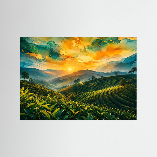 Wandbild mit Landschaftsmotiv: grüne Teehänge und orangefarbener Sonnenuntergang, ohne Rahmen
