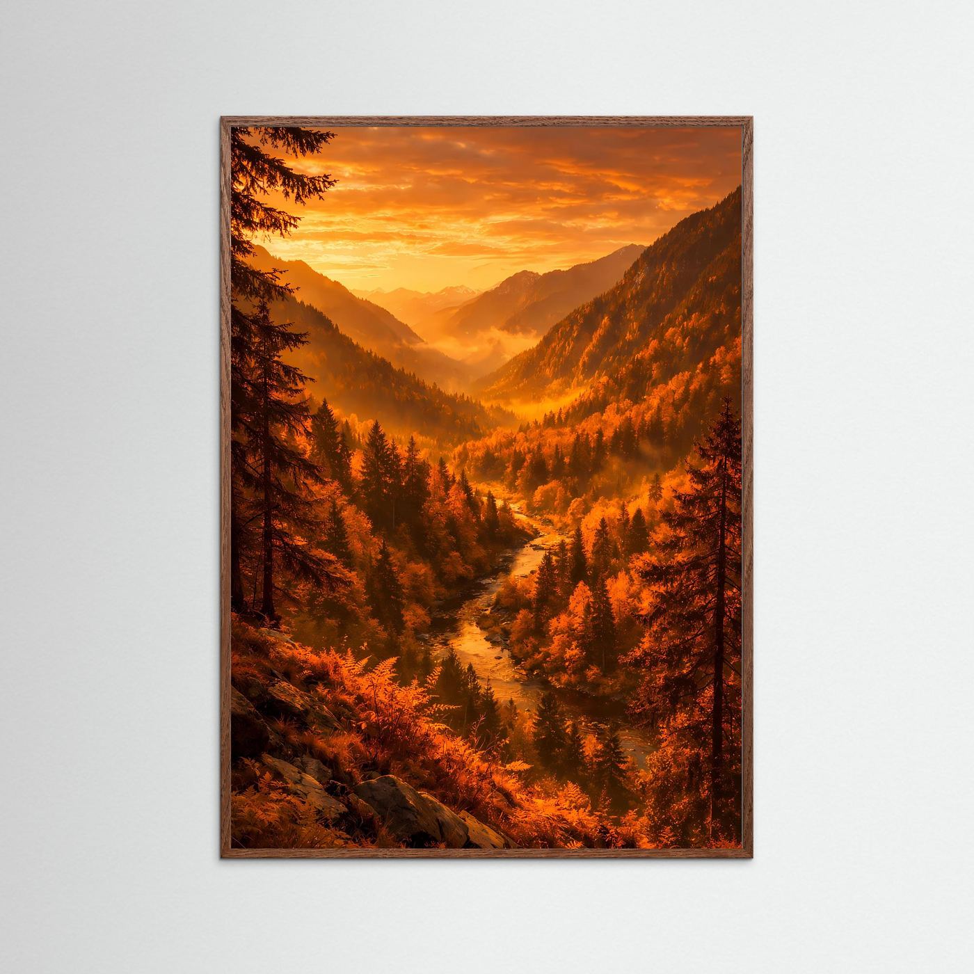 Natur-Kunstposter im Hochformat mit hellem Holzrahmen: Herbstwald, Fluss und Abendrot