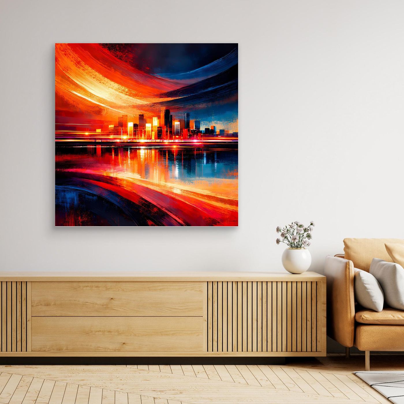 Leinwandbild mit abstrakter Skyline und Lichtspuren in Rot und Blau, hell gerahmt.