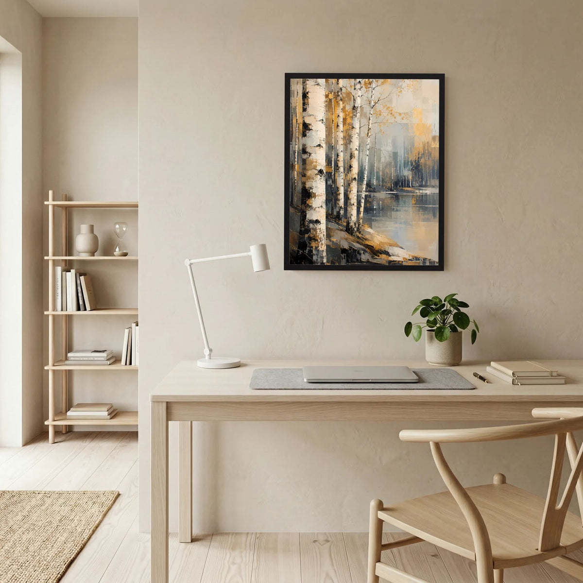 Hochformatiges, schwarz gerahmtes Poster mit abstraktem Birkenwald am Wasser