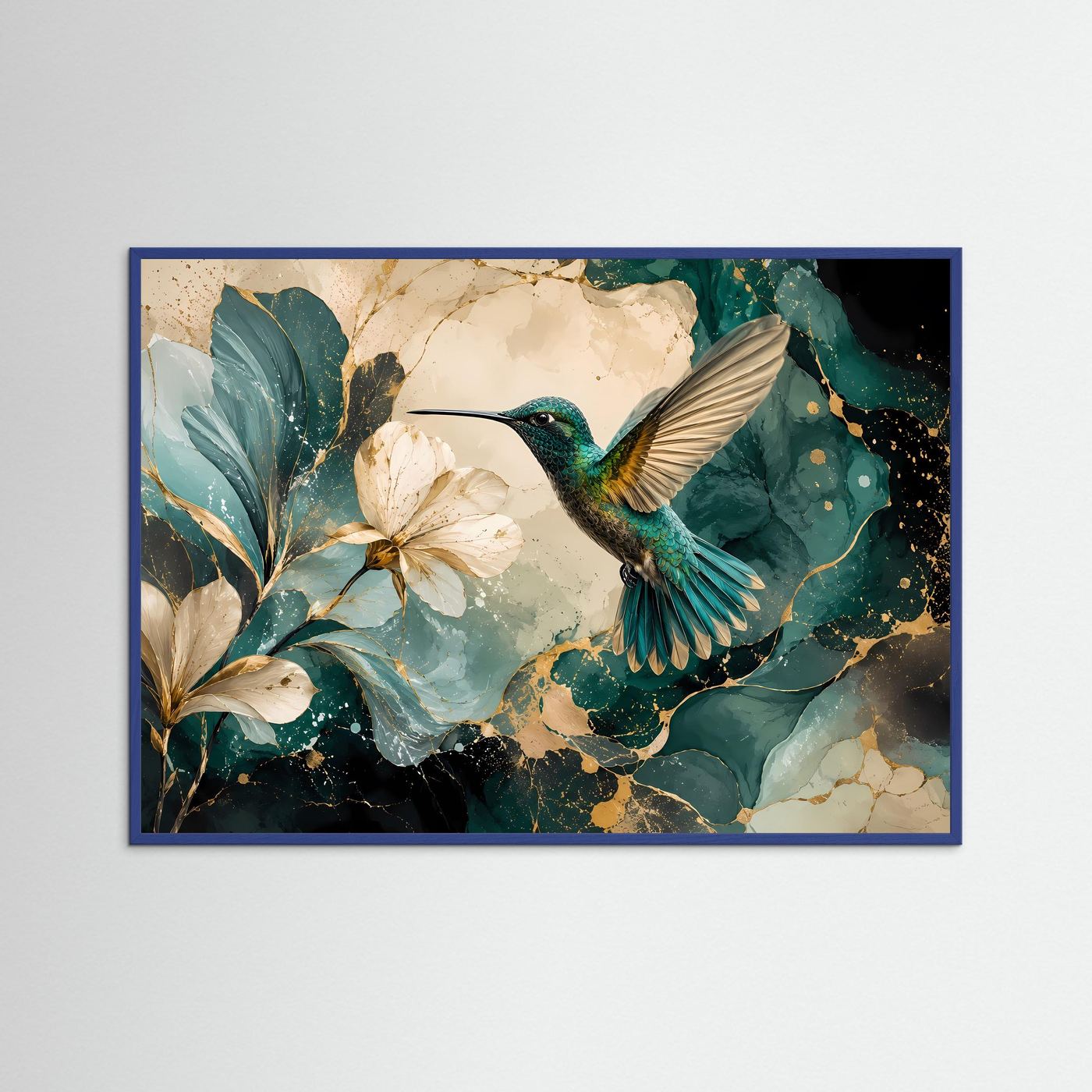 Kolibri mit Magnolienblüten Poster | Elegante Vogelkunst in Türkis Gold Modernes Blumen Wandbild Querformat