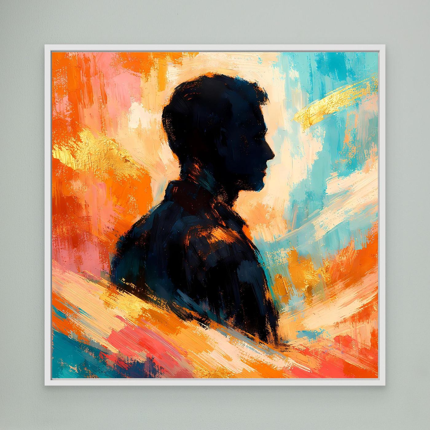 Leinwandbild mit weißem Rahmen und abstrakter Silhouette eines Mannes, Blau-Orange