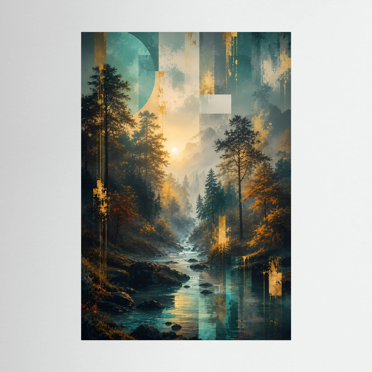 Unge­rahmtes Poster: abstrakter Wald mit Fluss und türkis-goldenem Sonnenlicht