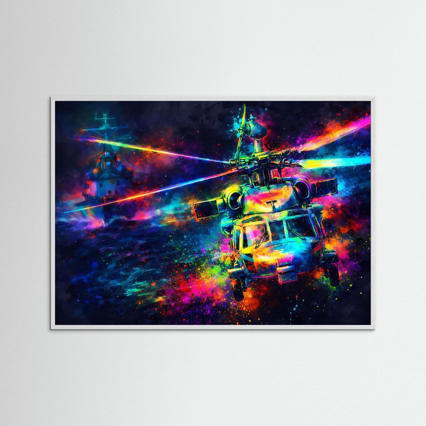 Abstraktes Hubschrauber-Poster im Querformat mit Neonfarben im hellen Holzrahmen