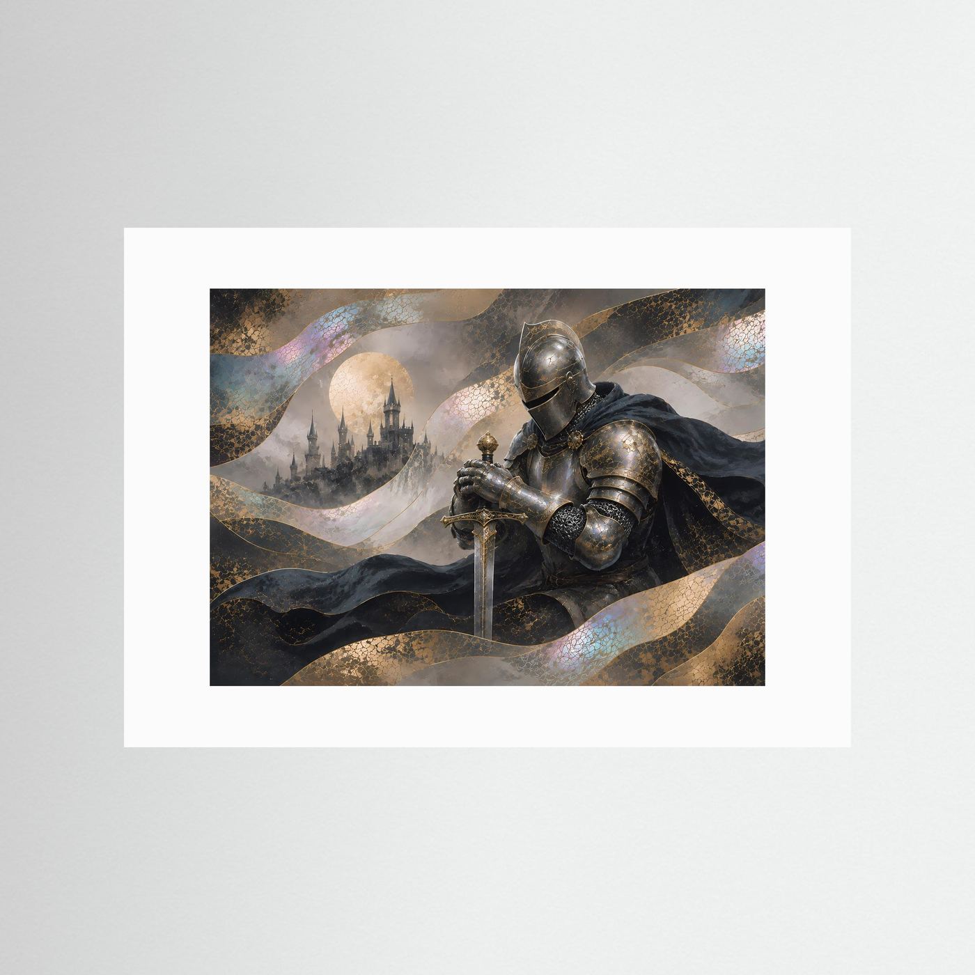 Mystischer Ritter vor Schloss | Mittelalterliche Fantasy-Kunst in Gold & Schwarz