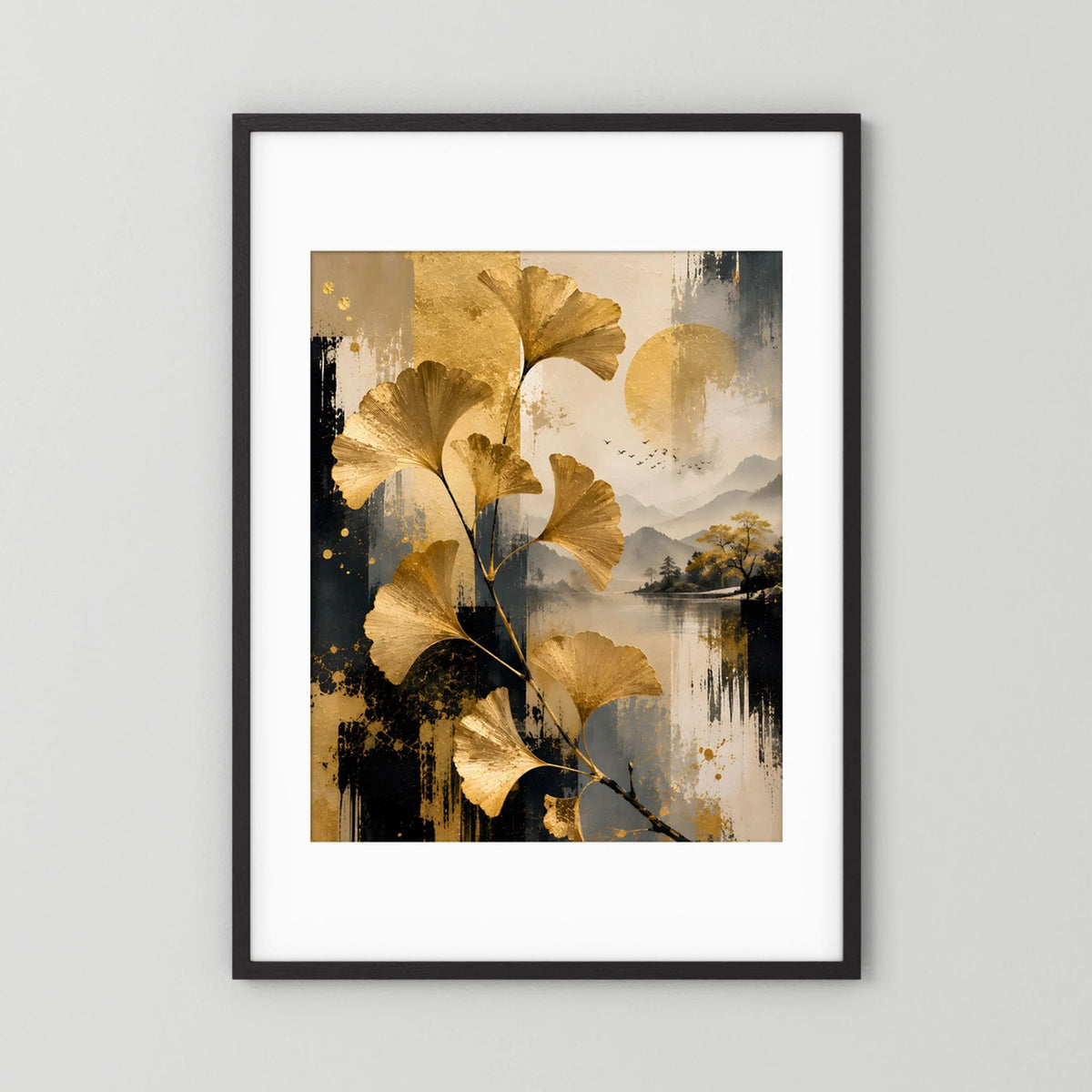 Gerahmtes abstraktes Ginkgo-Kunstposter mit schwarzem Rahmen und weißem Rand, goldene Blätter