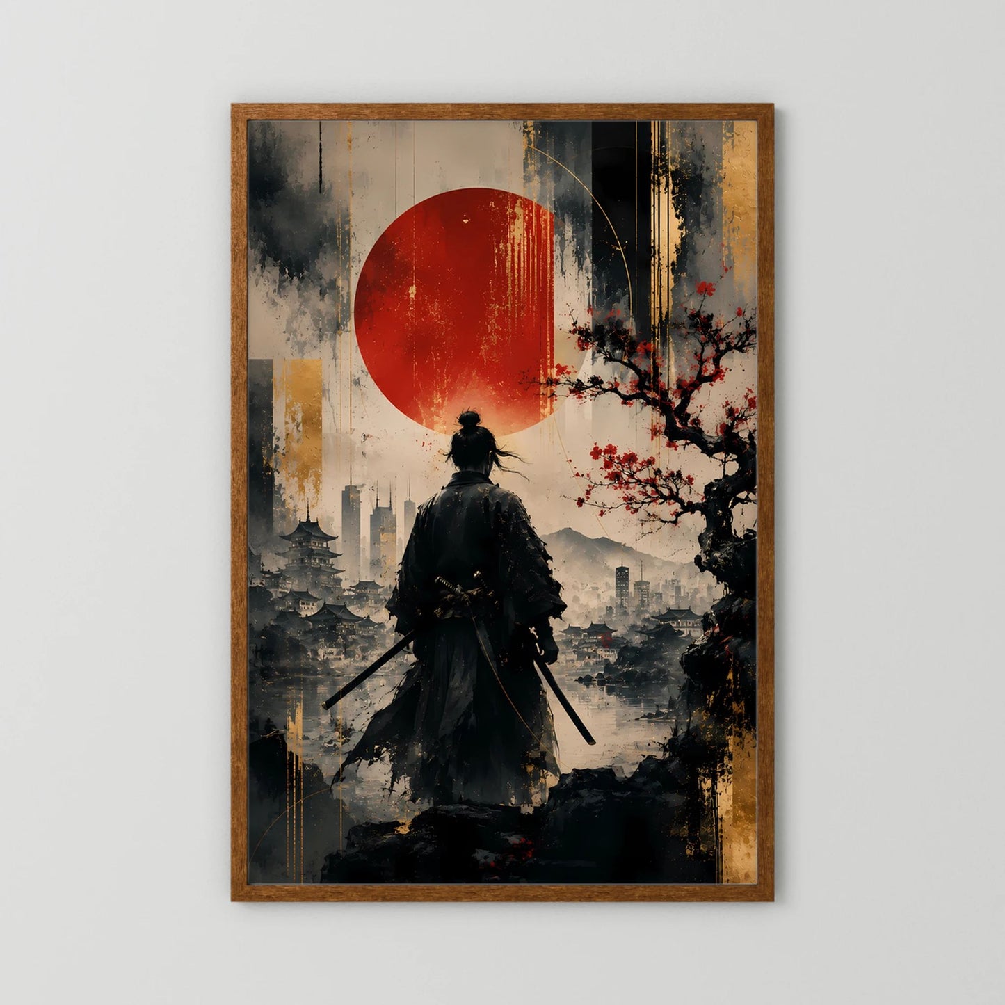 Kunstposter im Holzrahmen: schwarzer Samurai mit Schwert, rote Kreis-Sonne, Baumzweige