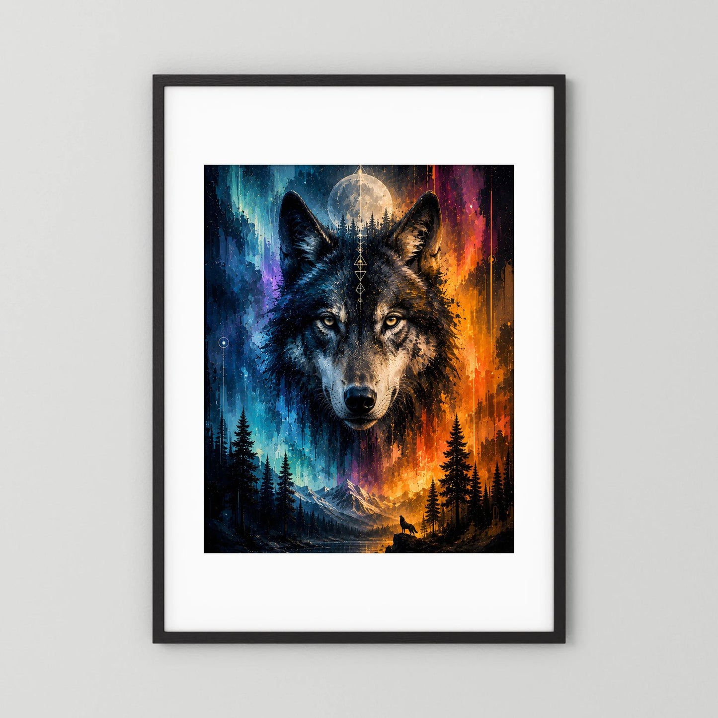 Poster im Hochformat mit zwei Wölfen, Mond und Wald, Blau-Orange, schwarzer Rahmen mit Weißrand