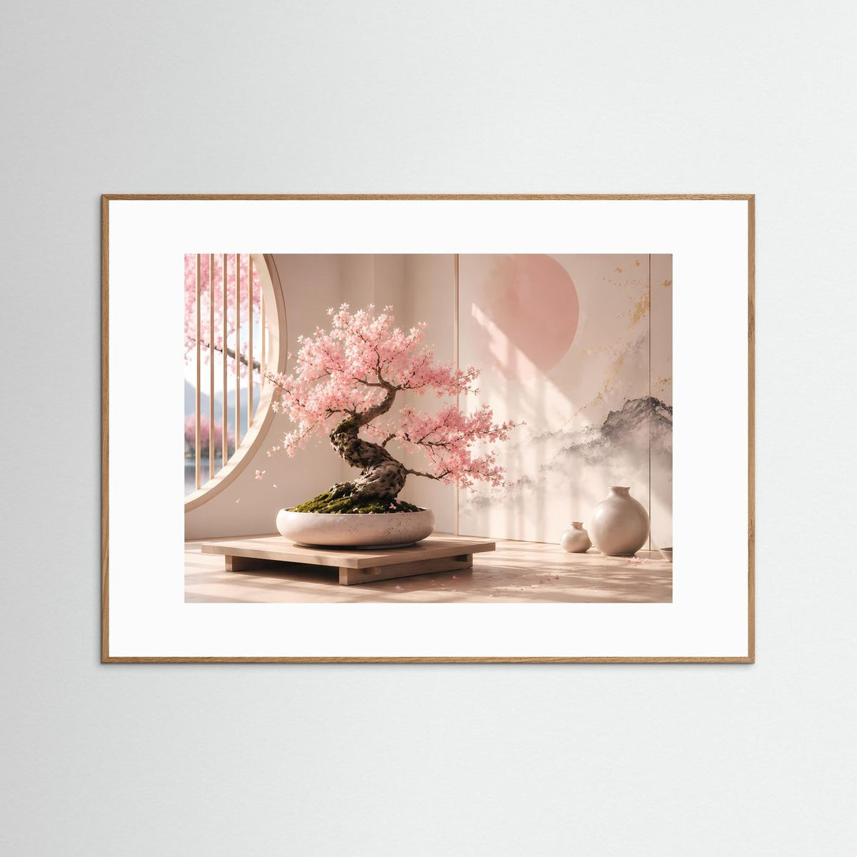 Gerahmtes Poster im Querformat mit Sakura-Bonsai, rosafarbenen Blüten und sanften Graunuancen.