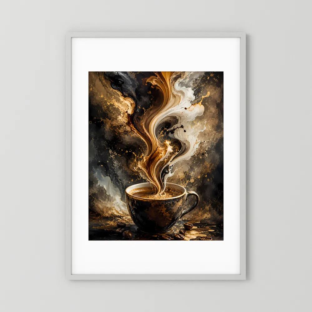 Hochformat-Poster mit Kaffeetasse und Farbwirbel im weißen Rahmen.
