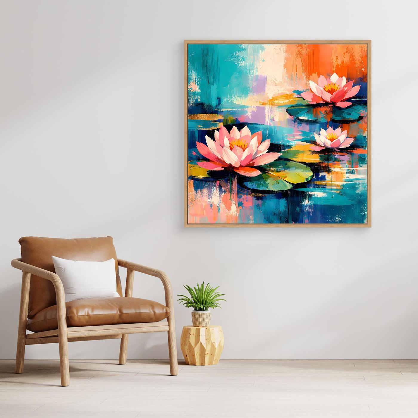 Gerahmtes Leinwandbild mit abstrakten Seerosen, pinken Blüten und blaugrünen Flächen