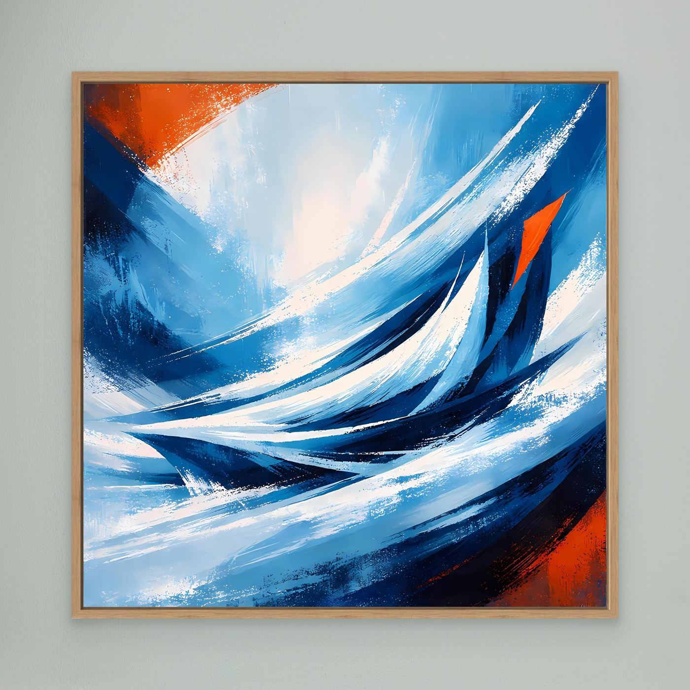 Leinwandbild mit abstrakten Wellen in Blau/Weiß, orange Akzente im Holzrahmen