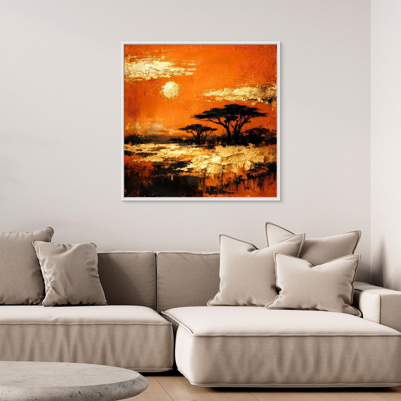 Leinwand Abstraktes Savannen-Panorama | Modernes Afrika Wandbild in Orange und Goldblättern