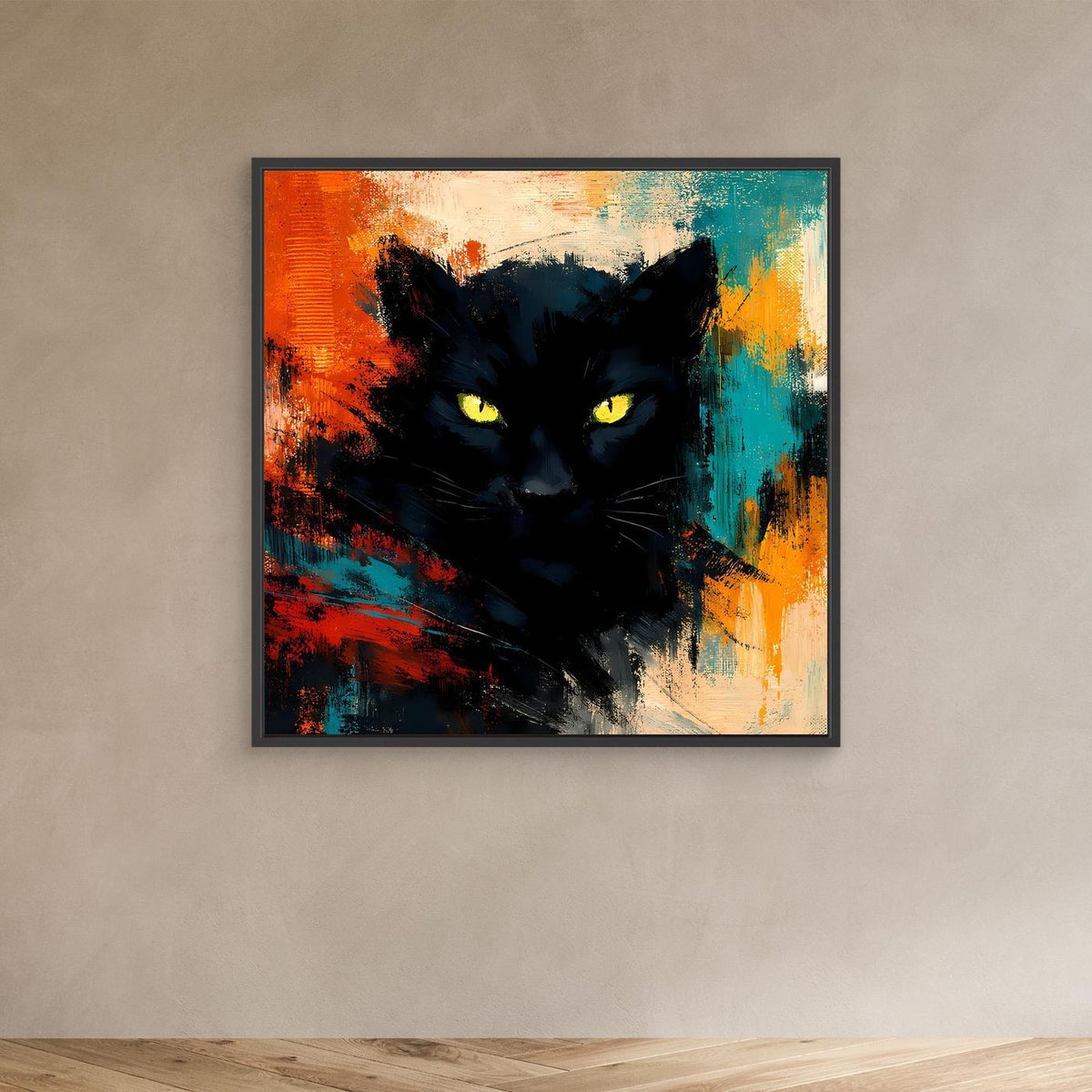 Leinwandbild im schwarzen Rahmen mit schwarzem Pantherkopf und gelben Augen, abstrakte Orange-Grün-Blau-Flächen