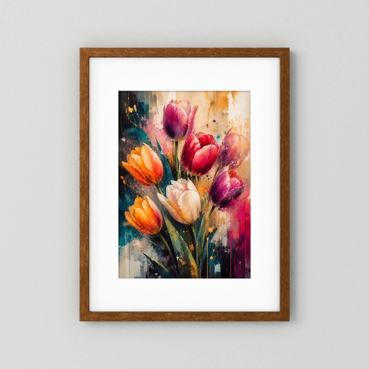 Gerahmtes Kunstposter mit abstrakten Tulpen in Pink, Orange und Violett, dunkler Holzrahmen